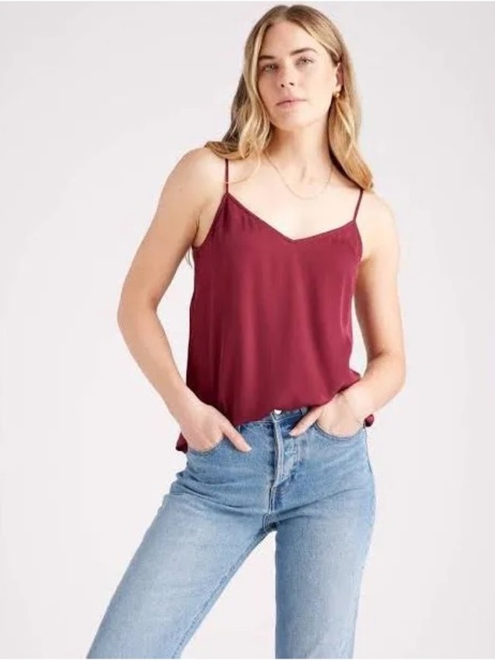 Quince Washable Stretch Silk V-Neck Cami Burgundy NWT Size L